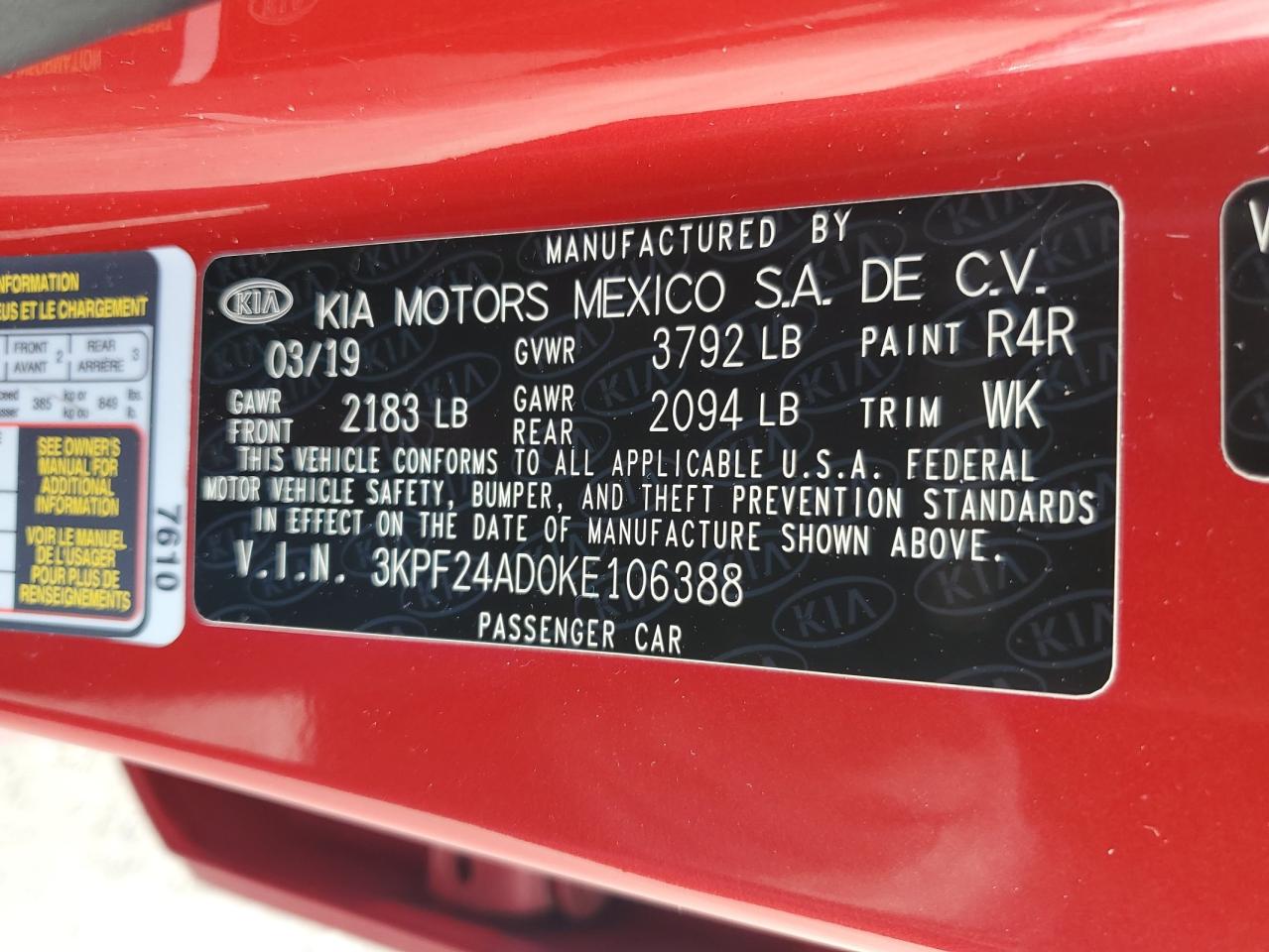 2019 Kia Forte Fe VIN: 3KPF24AD0KE106388 Lot: 64279745