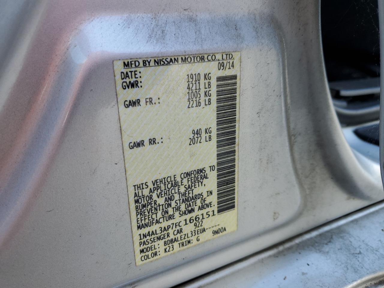 2015 Nissan Altima 2.5 VIN: 1N4AL3AP7FC166151 Lot: 63229725