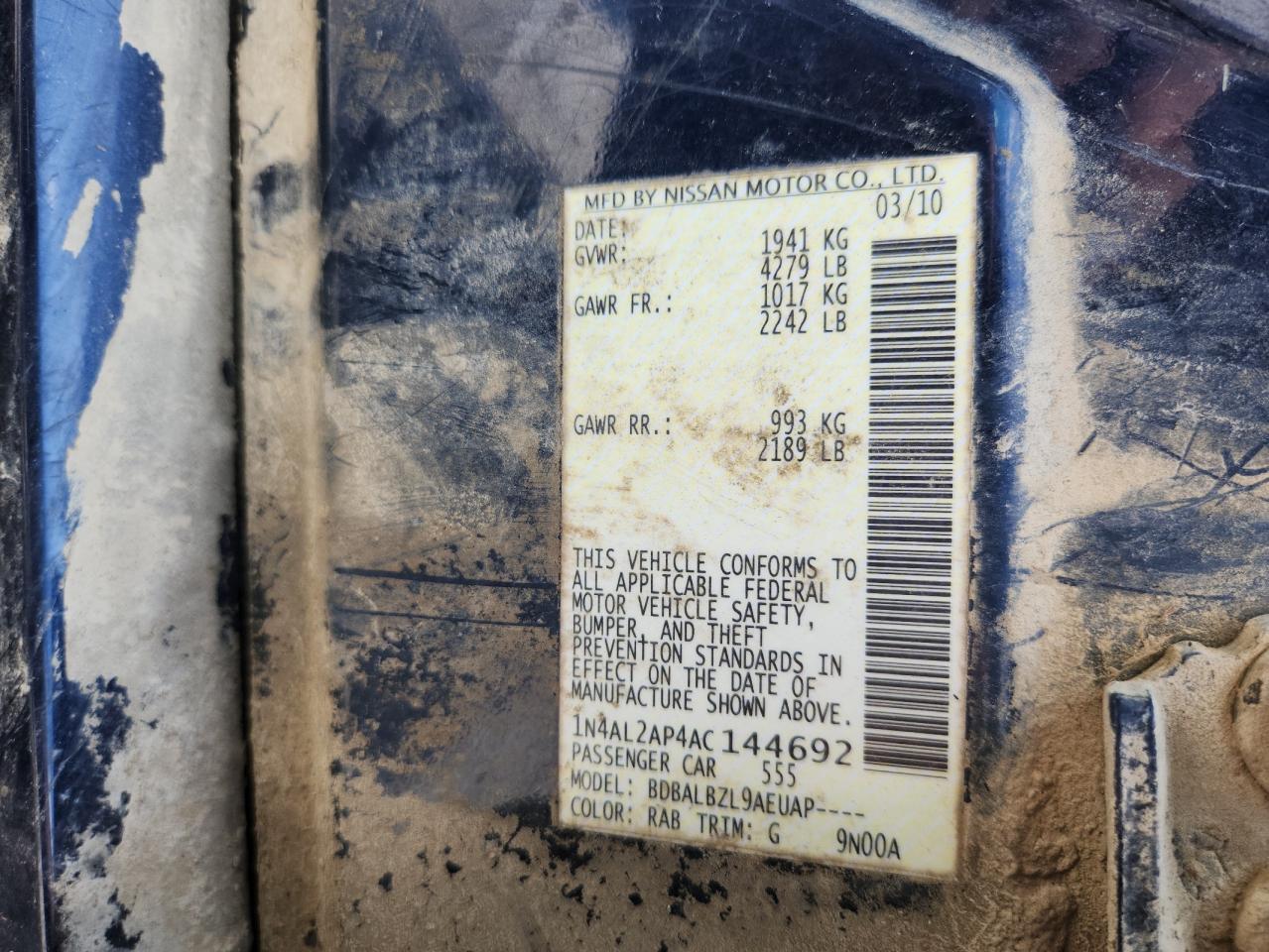 2010 Nissan Altima Base VIN: 1N4AL2AP4AC144692 Lot: 65999245