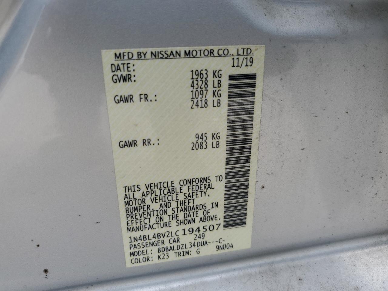 2020 Nissan Altima S VIN: 1N4BL4BV2LC194507 Lot: 67022625