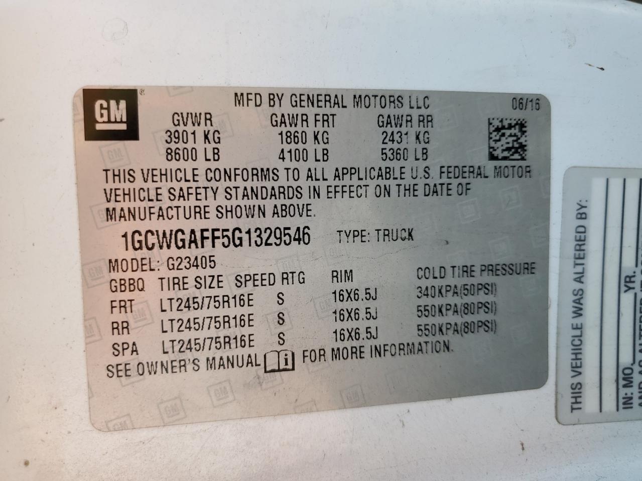 2016 Chevrolet Express G2500 VIN: 1GCWGAFF5G1329546 Lot: 65049005