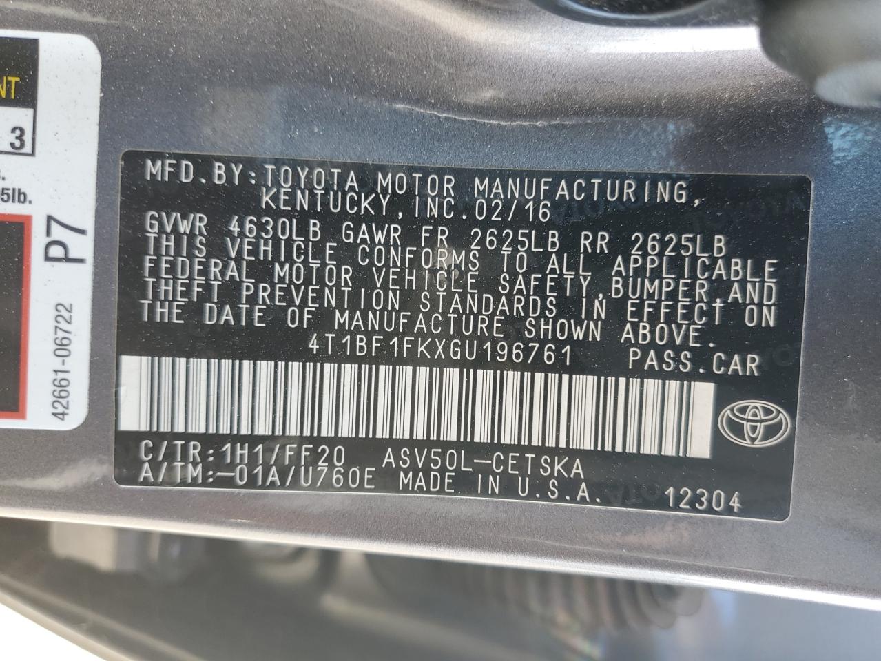 2016 Toyota Camry Le VIN: 4T1BF1FKXGU196761 Lot: 65443125