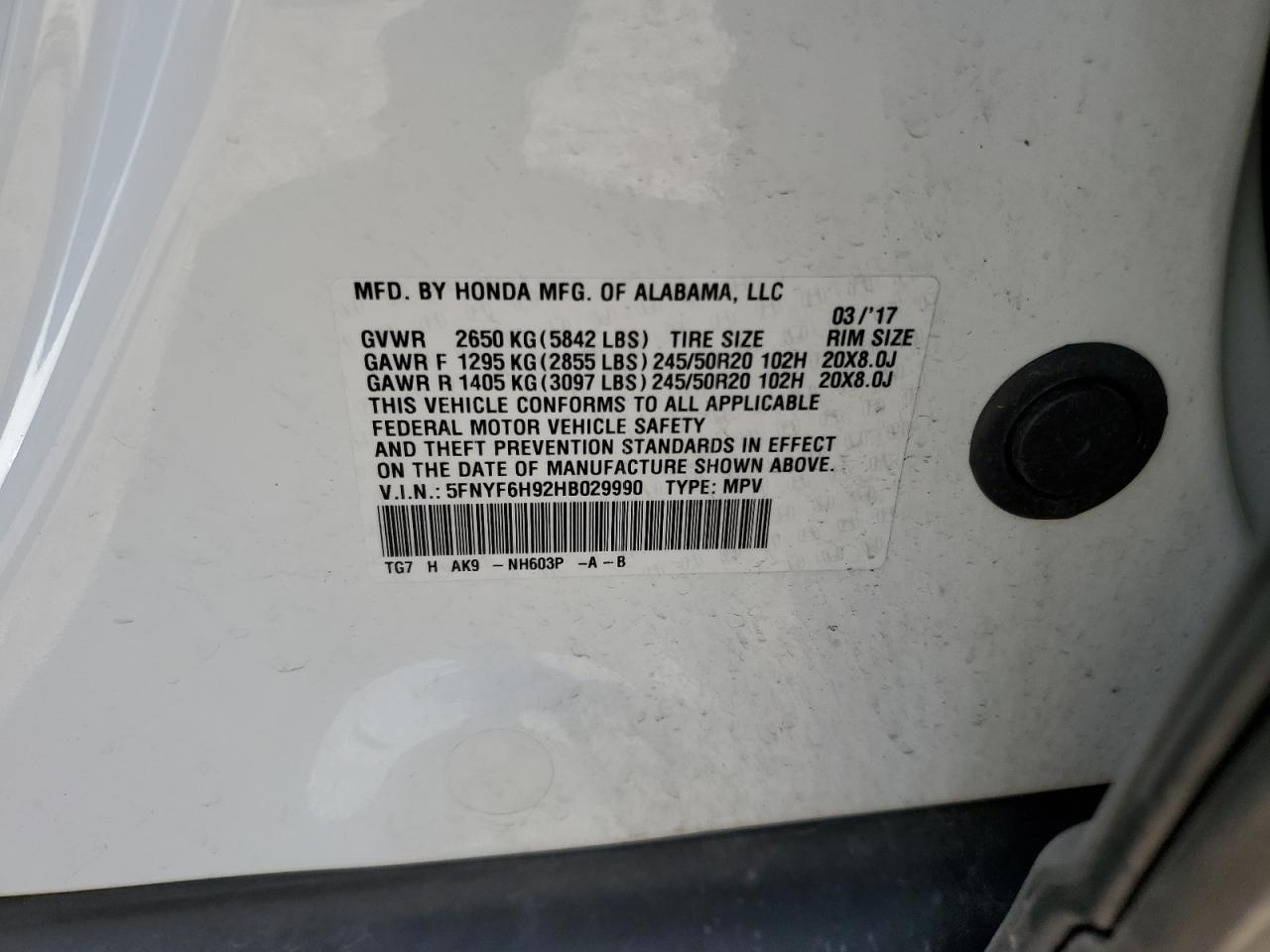 2017 Honda Pilot Touring VIN: 5FNYF6H92HB029990 Lot: 65631115