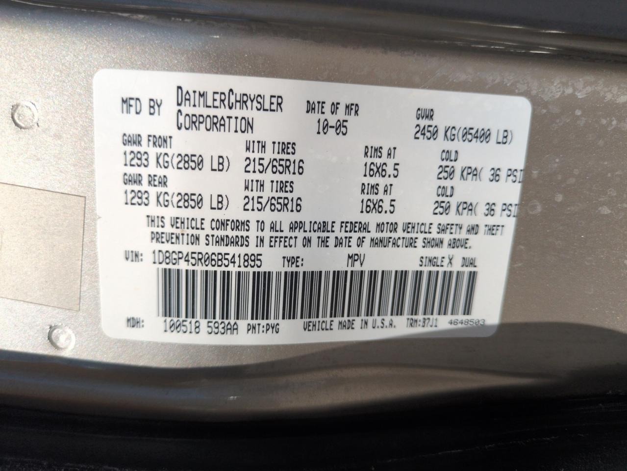 2006 Dodge Caravan Sxt VIN: 1D8GP45R06B541895 Lot: 62950625