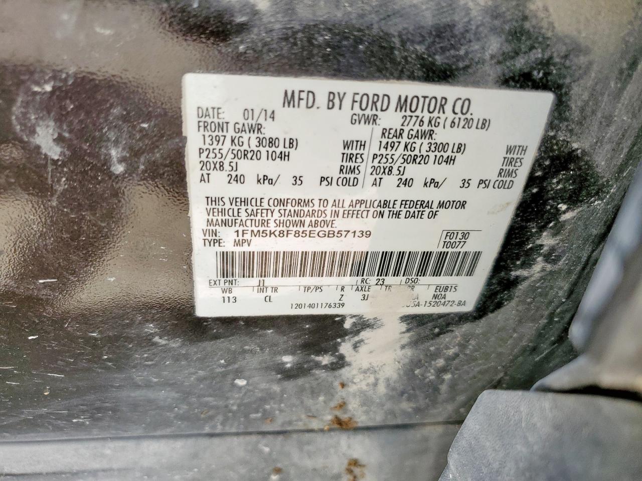 2014 Ford Explorer Limited VIN: 1FM5K8F85EGB57139 Lot: 65935495