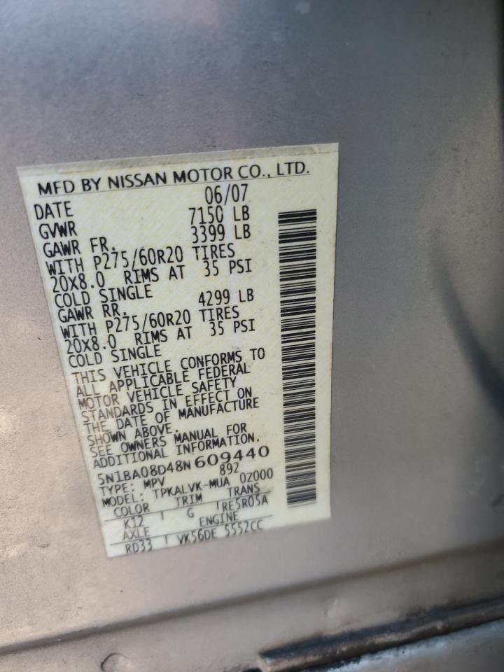 2008 Nissan Armada Se VIN: 5N1BA08D48N609440 Lot: 63272475