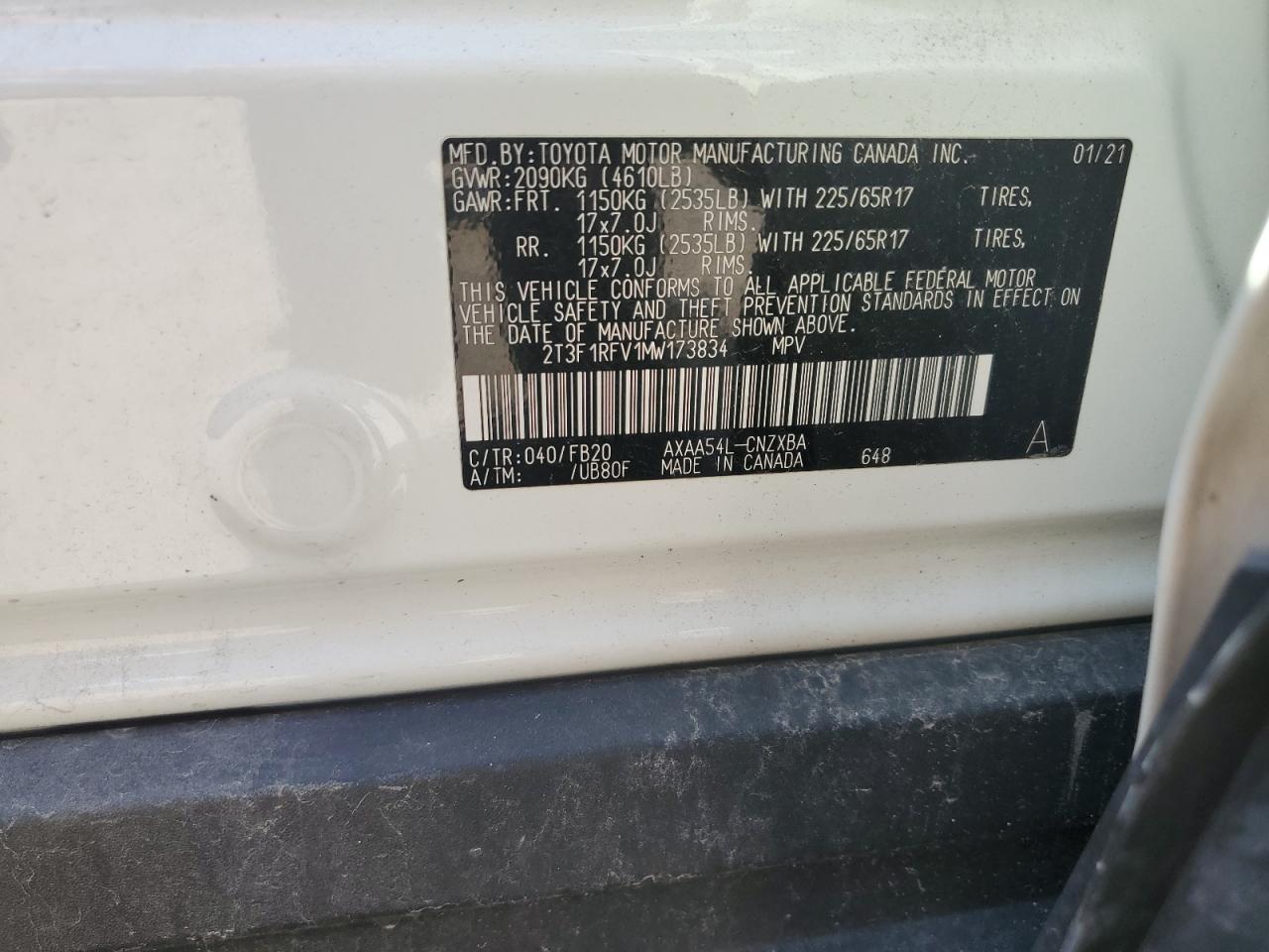 2021 Toyota Rav4 Le VIN: 2T3F1RFV1MW173834 Lot: 65611515