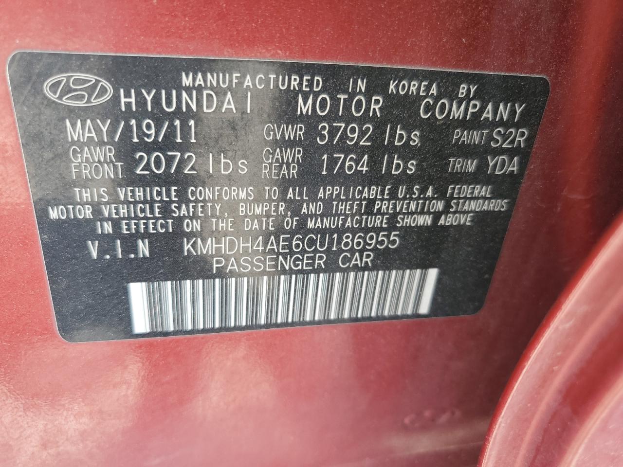 2012 Hyundai Elantra Gls VIN: KMHDH4AE6CU186955 Lot: 65208775
