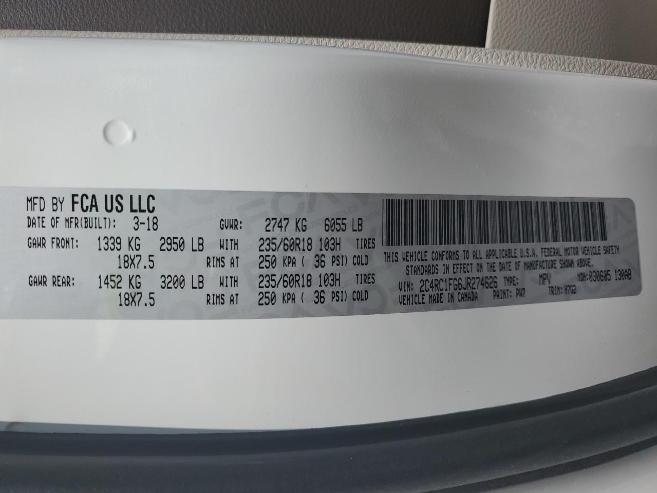 2018 Chrysler Pacifica Touring Plus VIN: 2C4RC1FG6JR274626 Lot: 63389915