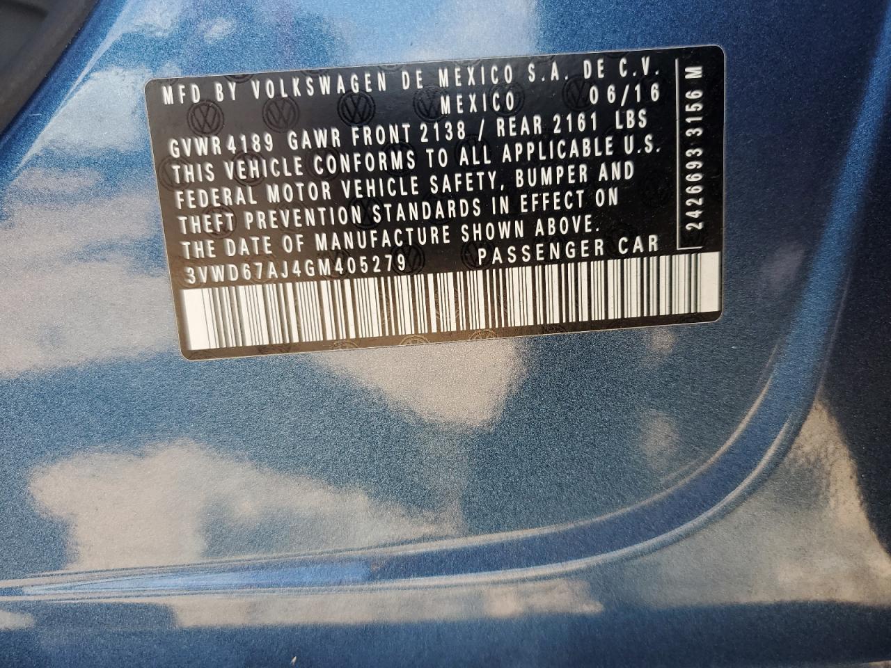 2016 Volkswagen Jetta Se VIN: 3VWD67AJ4GM405279 Lot: 67006355