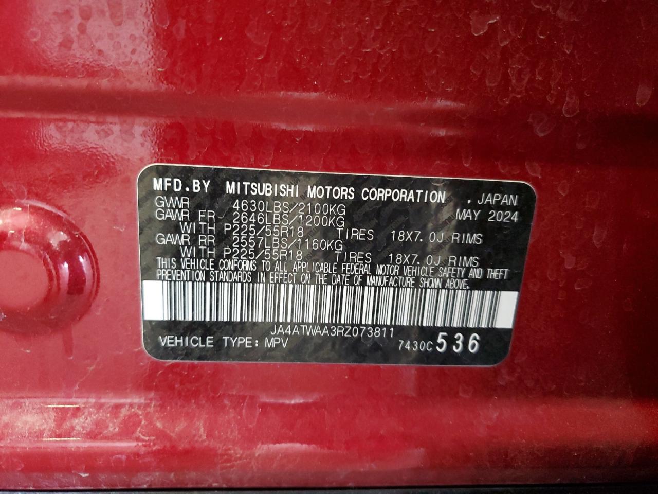 2024 Mitsubishi Eclipse Cross Se VIN: JA4ATWAA3RZ073811 Lot: 63632825