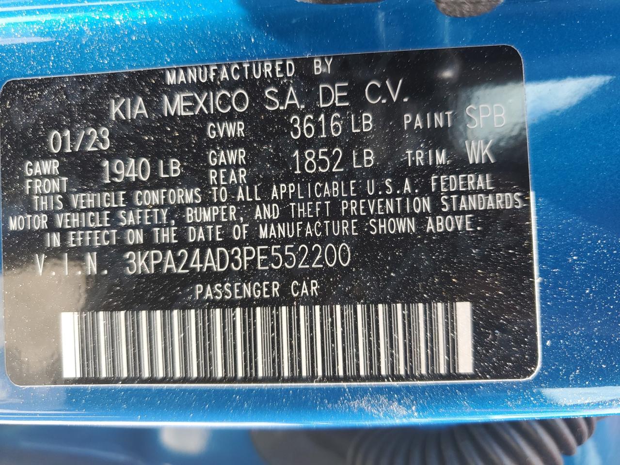 2023 Kia Rio Lx VIN: 3KPA24AD3PE552200 Lot: 62873845