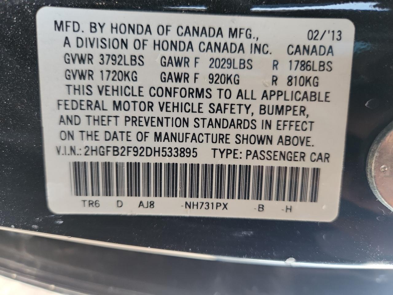 2013 Honda Civic Exl VIN: 2HGFB2F92DH533895 Lot: 64940245