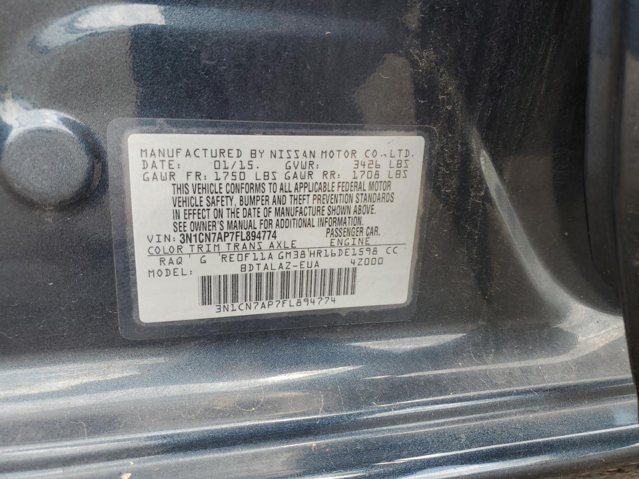 2015 Nissan Versa S VIN: 3N1CN7AP7FL894774 Lot: 64979425