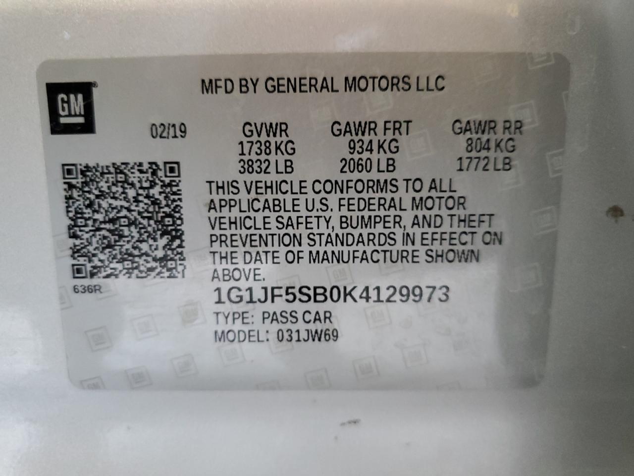 2019 Chevrolet Sonic Premier VIN: 1G1JF5SB0K4129973 Lot: 65540035