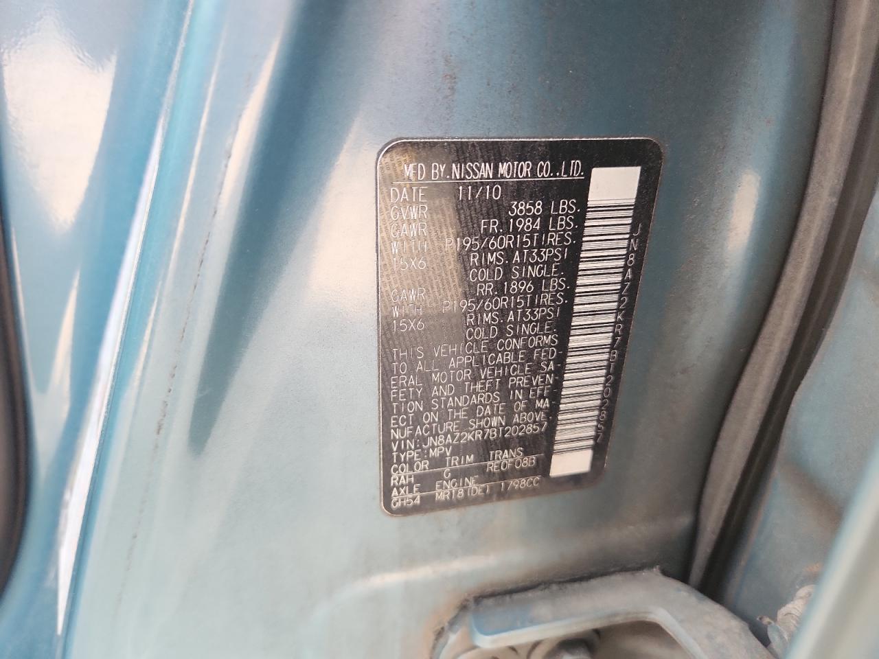 2011 Nissan Cube Base VIN: JN8AZ2KR7BT202857 Lot: 62903175