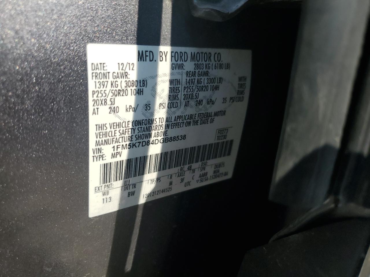 2013 Ford Explorer Xlt VIN: 1FM5K7D84DGB88538 Lot: 64085125