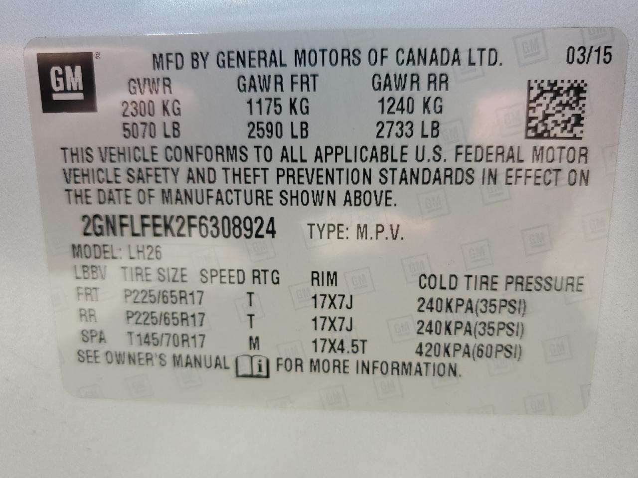 2015 Chevrolet Equinox Lt VIN: 2GNFLFEK2F6308924 Lot: 62906865