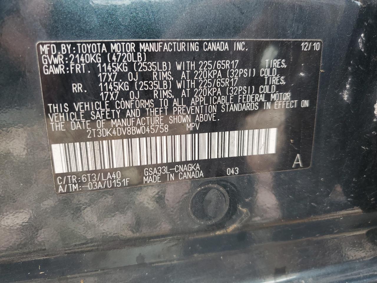 2011 Toyota Rav4 Limited VIN: 2T3DK4DV8BW045758 Lot: 63819355