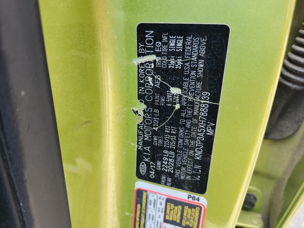 2017 Kia Soul + VIN: KNDJP3A5XH7888139 Lot: 63329995