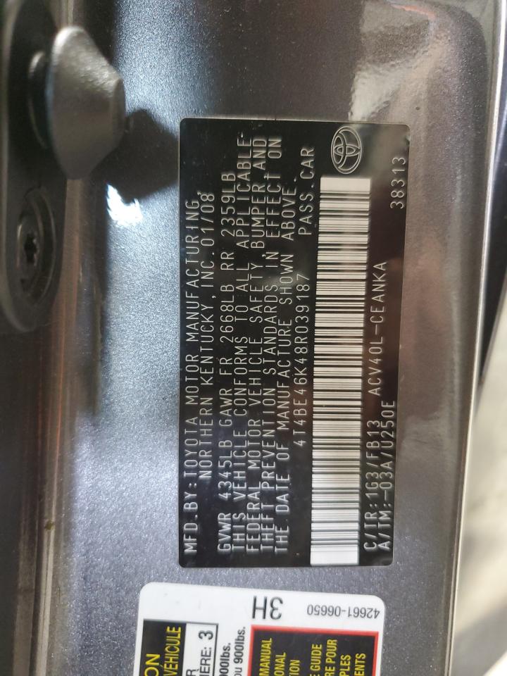 2008 Toyota Camry Ce VIN: 4T4BE46K48R039187 Lot: 65994805