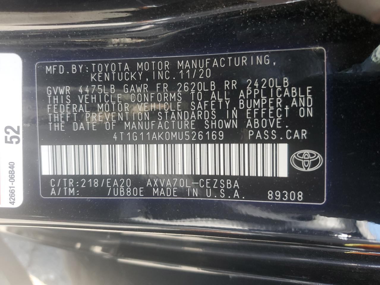 2021 Toyota Camry Se VIN: 4T1G11AK0MU526169 Lot: 62736395