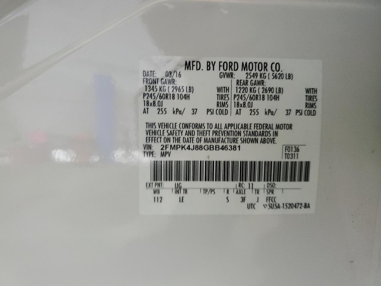 2016 Ford Edge Sel VIN: 2FMPK4J88GBB46381 Lot: 63668775