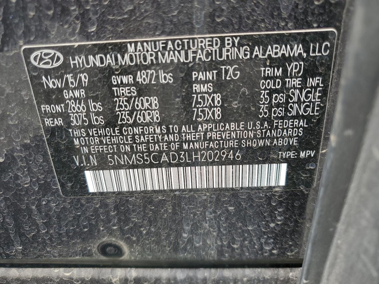2020 Hyundai Santa Fe Limited VIN: 5NMS5CAD3LH202946 Lot: 64430545