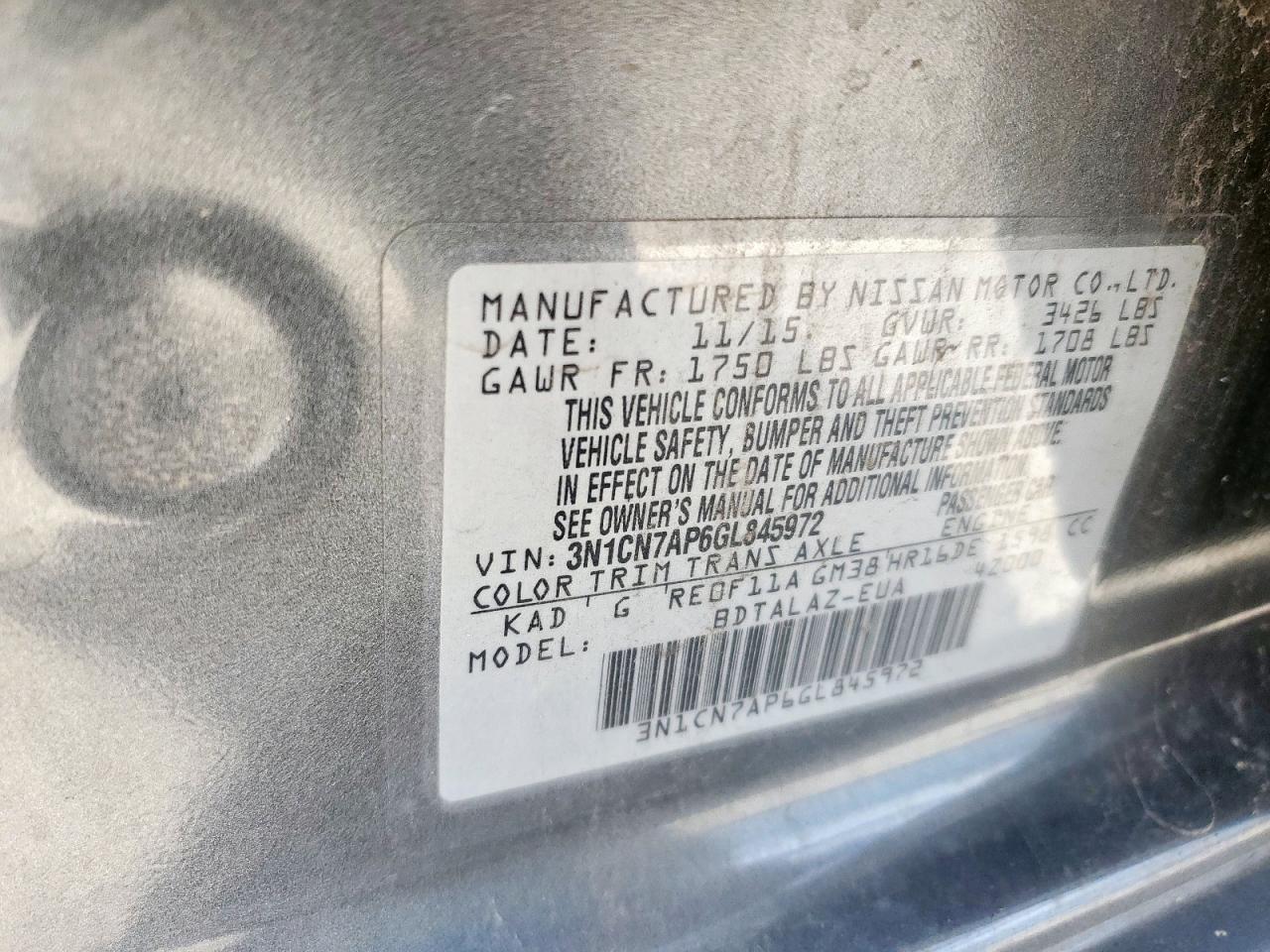 2016 Nissan Versa S VIN: 3N1CN7AP6GL845972 Lot: 64961755