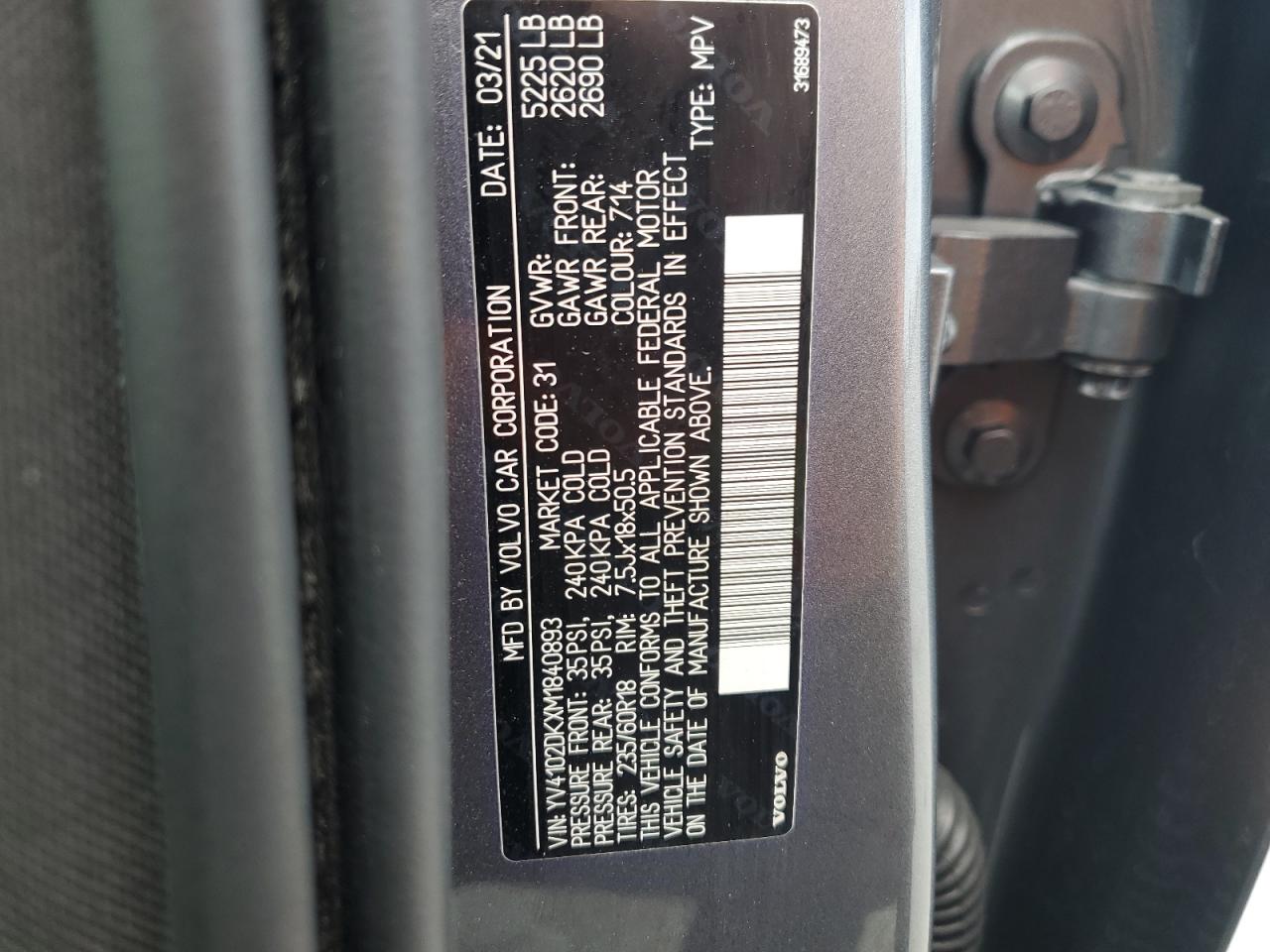2021 Volvo Xc60 T5 Momentum VIN: YV4102DKXM1840893 Lot: 62770615