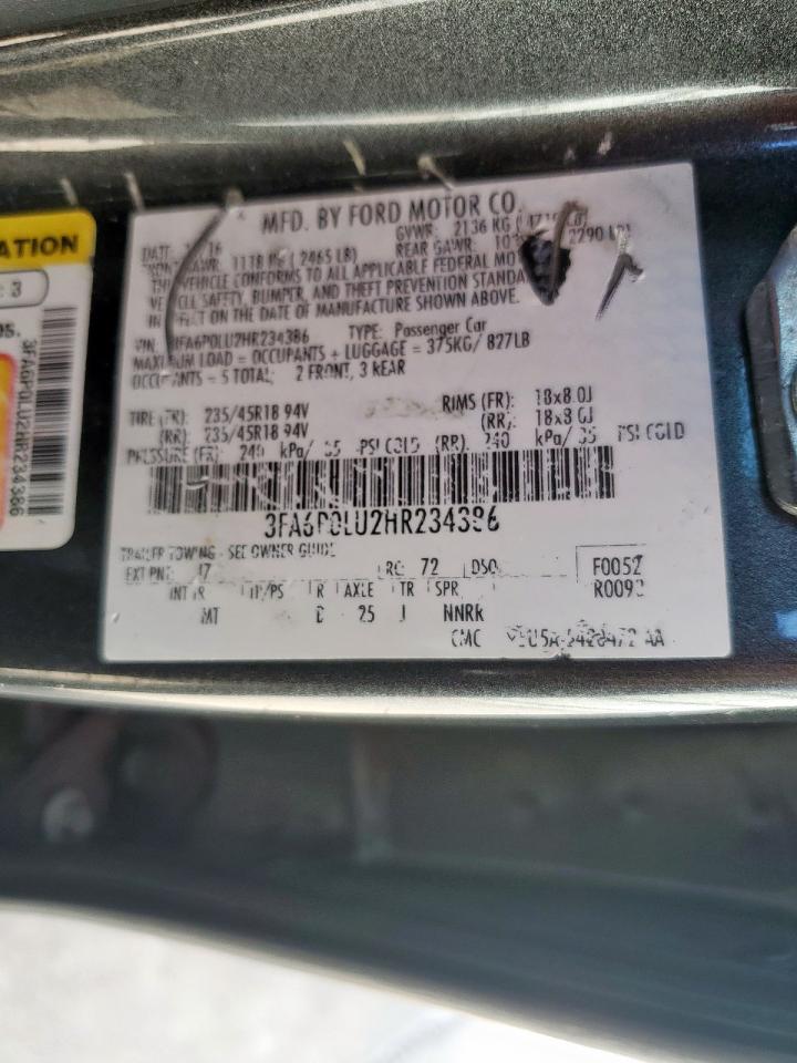 2017 Ford Fusion Se Hybrid VIN: 3FA6P0LU2HR234386 Lot: 65386435