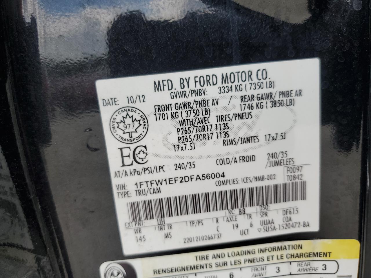 2013 Ford F150 Supercrew VIN: 1FTFW1EF2DFA56004 Lot: 58578615