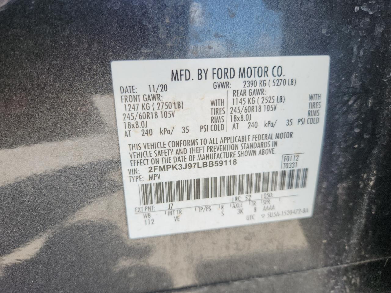 2020 Ford Edge Sel VIN: 2FMPK3J97LBB59118 Lot: 64438355