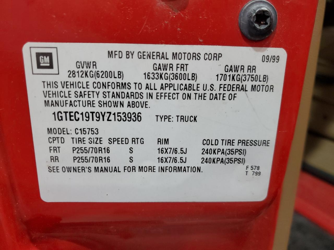 2000 GMC New Sierra C1500 VIN: 1GTEC19T9YZ153936 Lot: 65448285