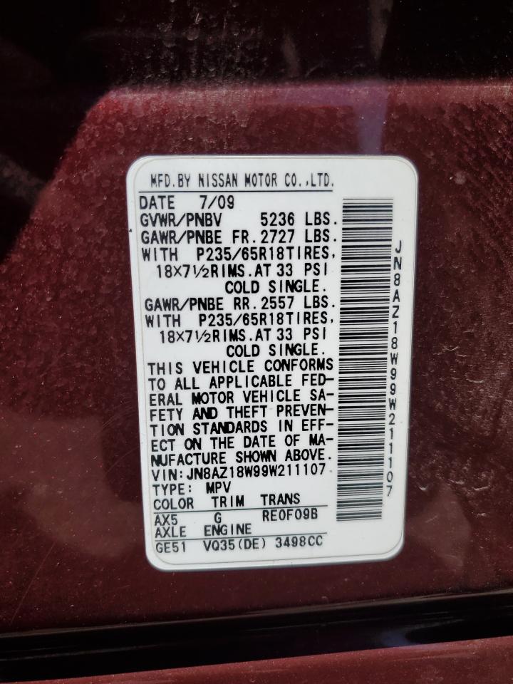 2009 Nissan Murano S VIN: JN8AZ18W99W211107 Lot: 63428015