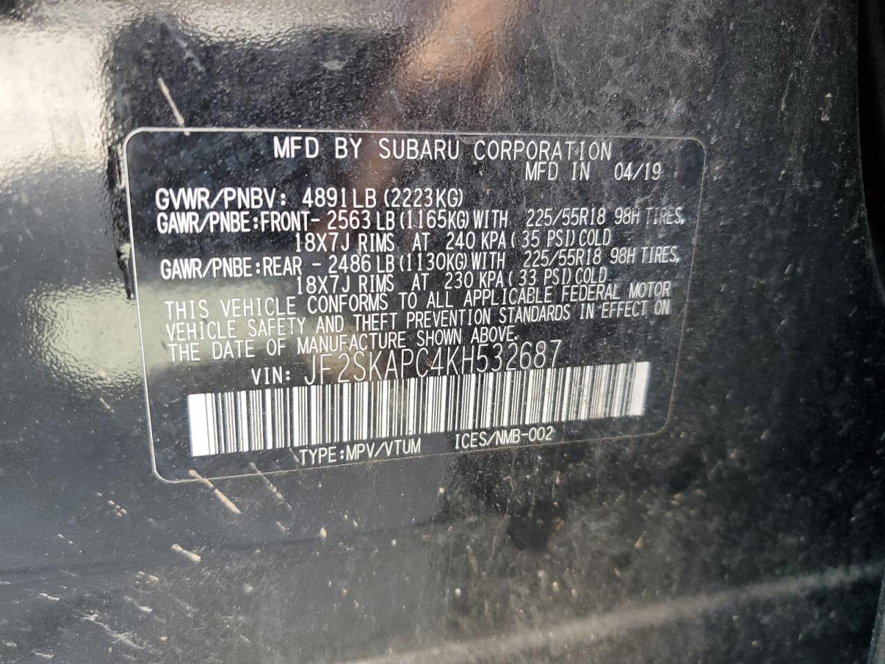 2019 Subaru Forester Sport VIN: JF2SKAPC4KH532687 Lot: 63106065
