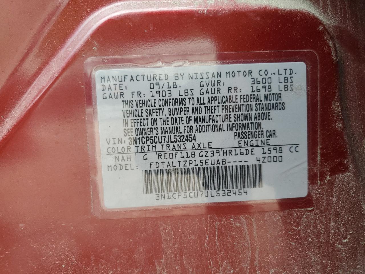 2018 Nissan Kicks S VIN: 3N1CP5CU7JL532454 Lot: 66265365