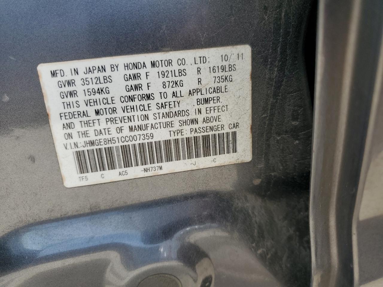 2012 Honda Fit Sport VIN: JHMGE8H51CC007359 Lot: 65447175