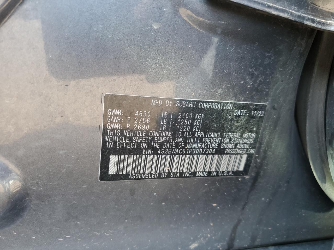 2023 Subaru Legacy Premium VIN: 4S3BWAC61P3007304 Lot: 64608845