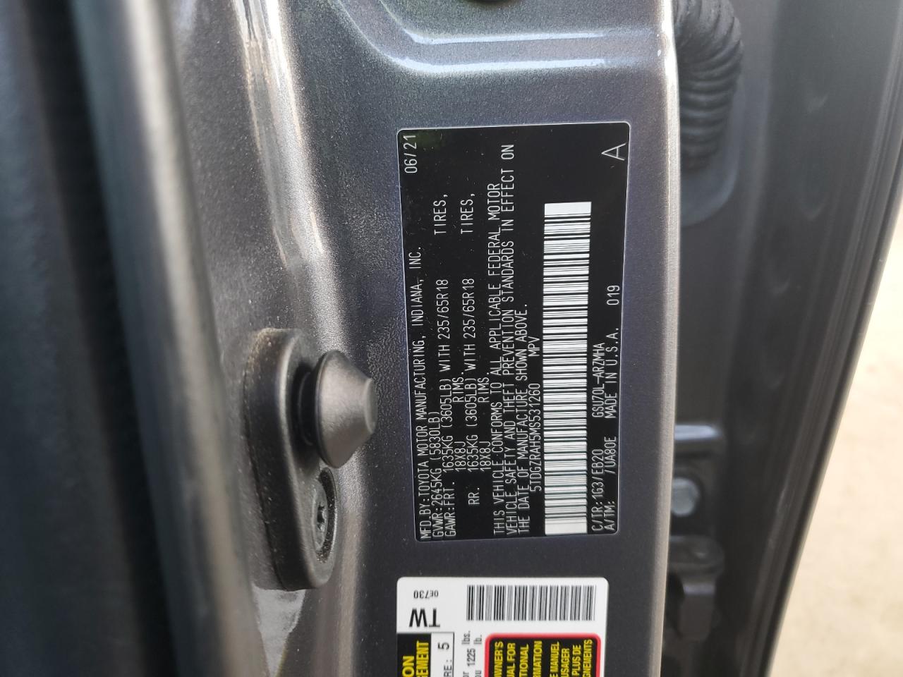 2021 Toyota Highlander Xle VIN: 5TDGZRAH5MS531260 Lot: 64956875