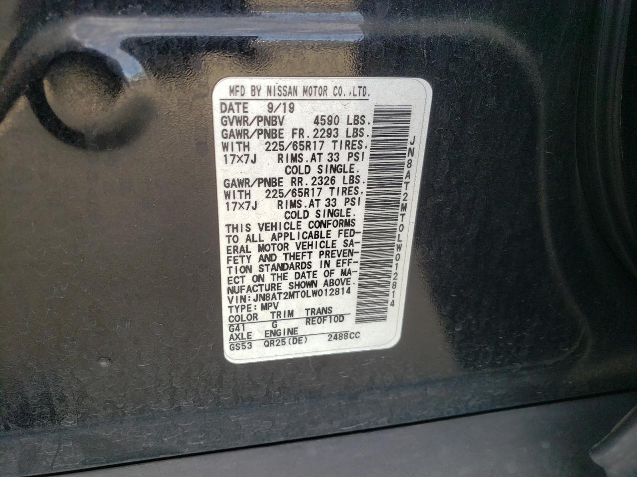 2020 Nissan Rogue S VIN: JN8AT2MT0LW012814 Lot: 61265185