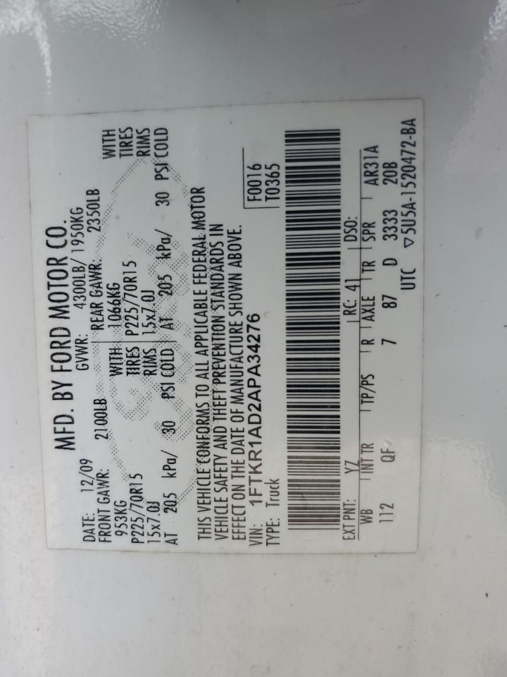2010 Ford Ranger VIN: 1FTKR1AD2APA34276 Lot: 65402565