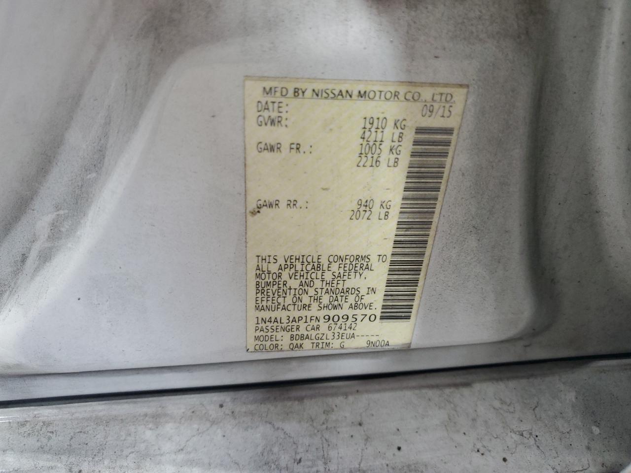 2015 Nissan Altima 2.5 VIN: 1N4AL3AP1FN909570 Lot: 63758685