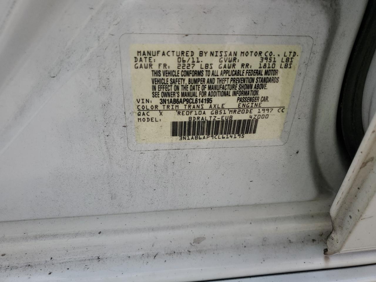 2012 Nissan Sentra 2.0 VIN: 3N1AB6AP9CL614195 Lot: 62856665