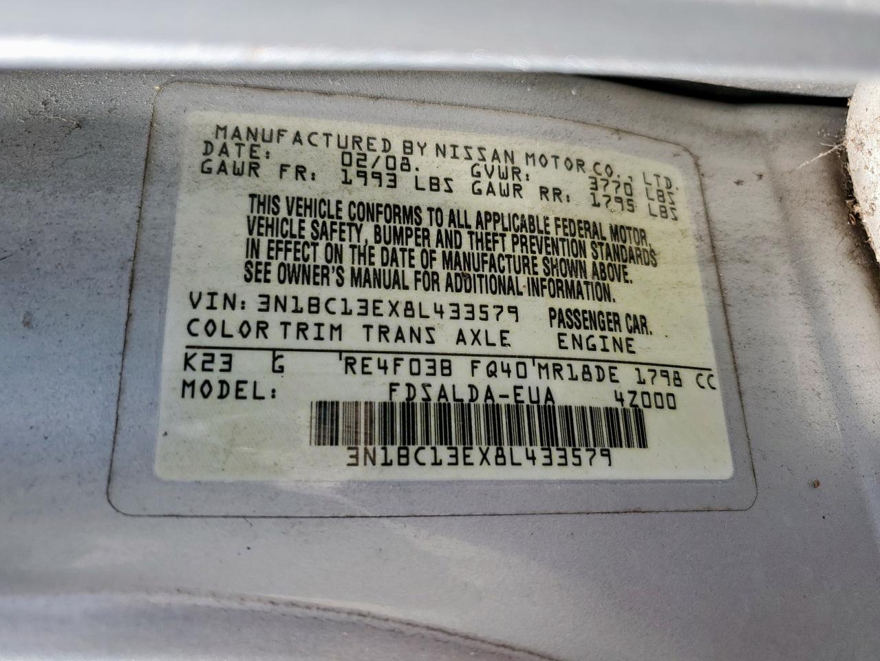 2008 Nissan Versa S VIN: 3N1BC13EX8L433579 Lot: 67010335