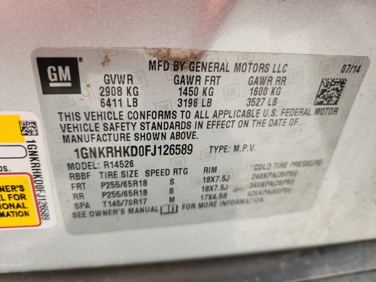 2015 Chevrolet Traverse Lt VIN: 1GNKRHKD0FJ126589 Lot: 64311965