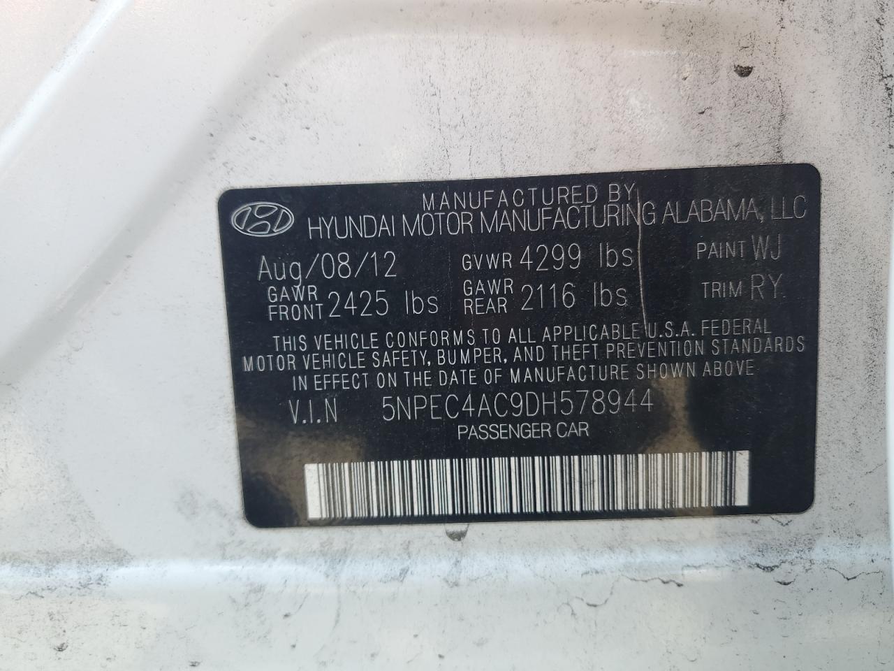 2013 Hyundai Sonata Se VIN: 5NPEC4AC9DH578944 Lot: 65165645