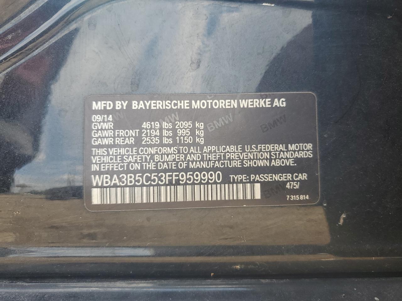 2015 BMW 328 Xi Sulev VIN: WBA3B5C53FF959990 Lot: 65014445