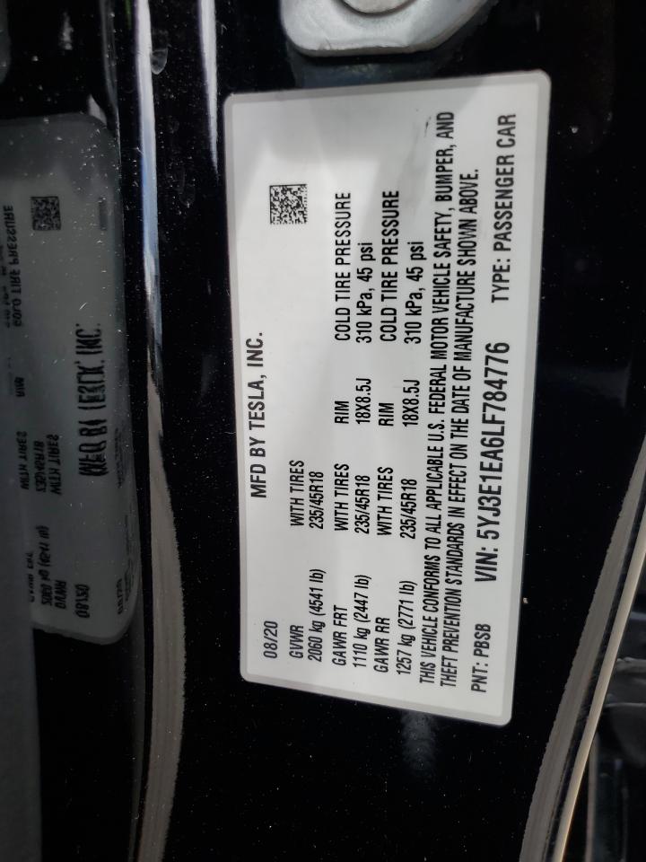 2020 Tesla Model 3 VIN: 5YJ3E1EA6LF784776 Lot: 64737375