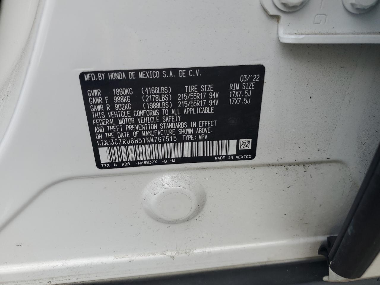 2022 Honda Hr-V Ex VIN: 3CZRU6H51NM767515 Lot: 64240195